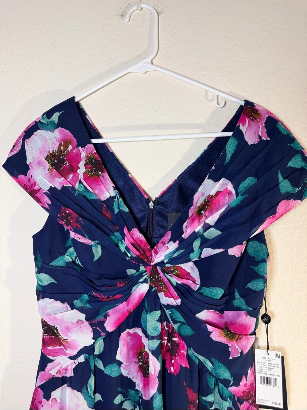 NWT Adrianna Papell Floral Front Twist Midi Dress Navy Pink Size 10 - Picture 10 of 12